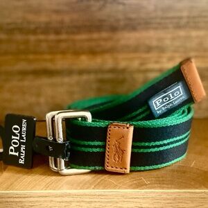 NWT HTF Polo by Ralph Lauren Dark Navy and Green Striped Canvas Belt Medium